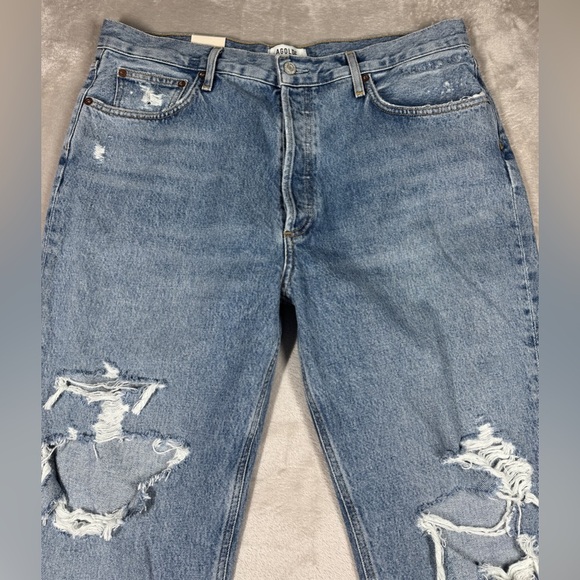 NWT Agolde Fen High Rise Button Fly Relaxed Tapered Distressed Blue Jeans 32 - Picture 3 of 16